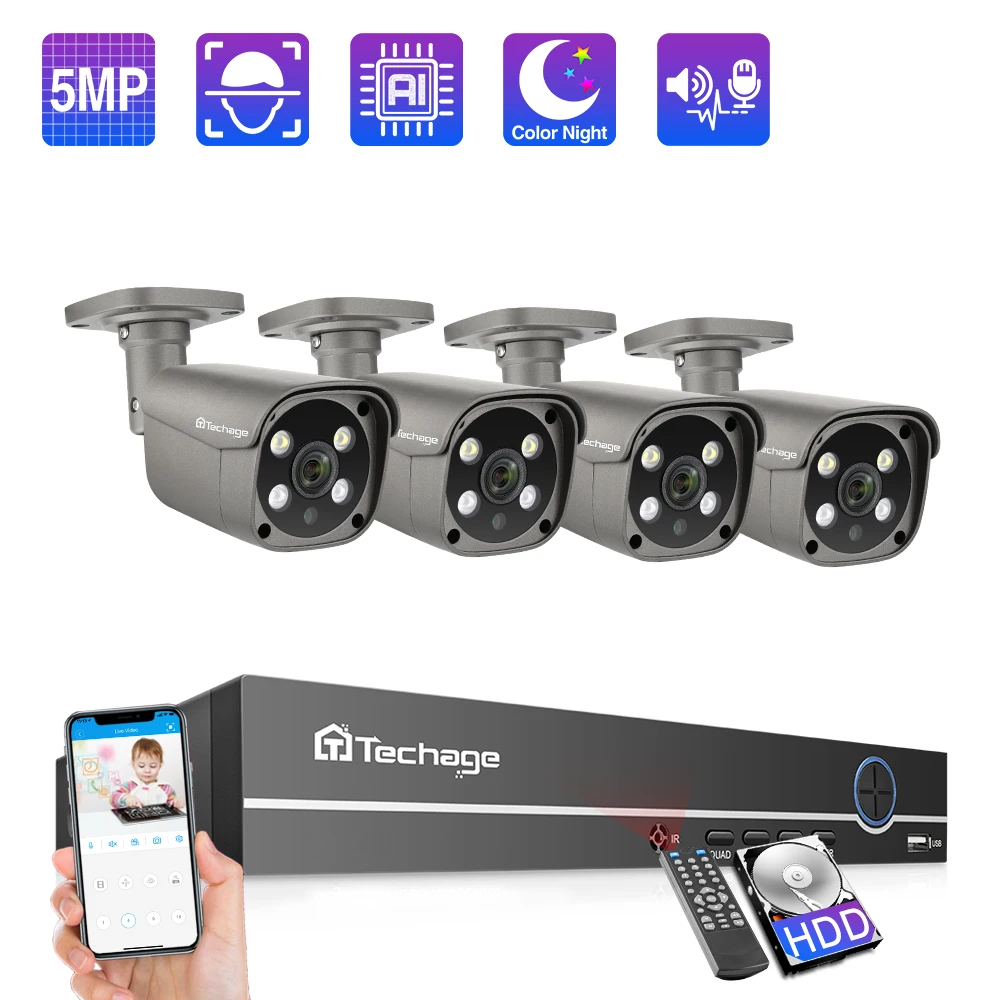 Камера видеонаблюдения Techage 8 каналов 5 Мп POE NVR двусторонняя аудиосвязь IP HD для