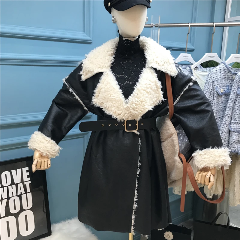 GetSpring Women Leather Coat Lamb Wool Thickened Faux Leather Jackets Women Lamb Shearling Coat All Match Pu Leather Long Coat