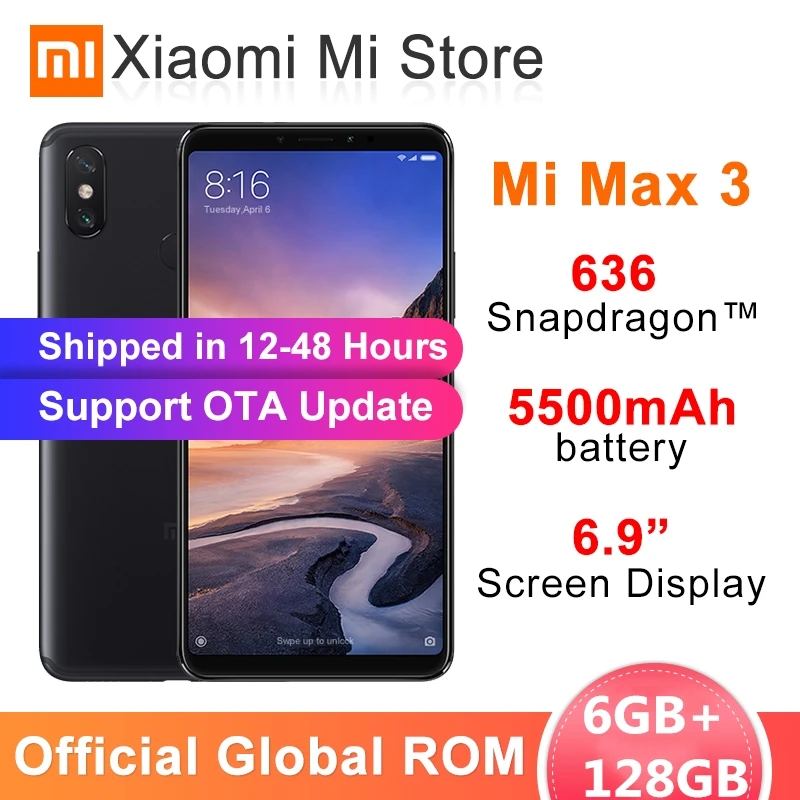 Телефон Xiaomi Mi Max 3 с глобальным ПО оригинал 6 ГБ+128 ГБ Snapdragon 636 восемь ядер 5500 мАч 9