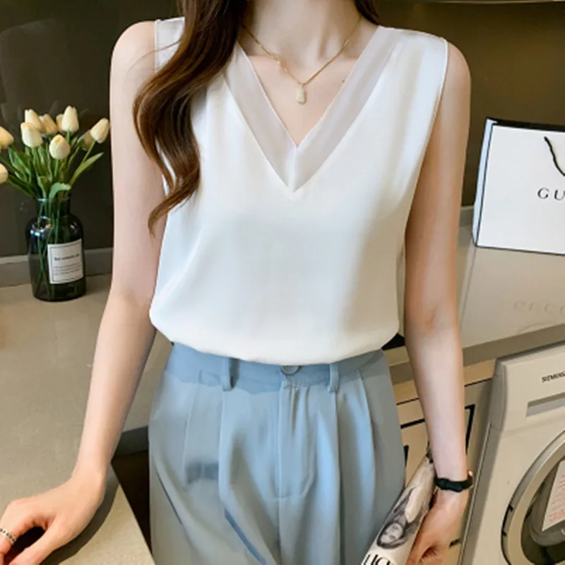 Silk Tops for Women Satin Mesh Female Tank Top Sexy V-neck Woman Vest White Basic Plus Size Sleeveless clothing | Женская одежда