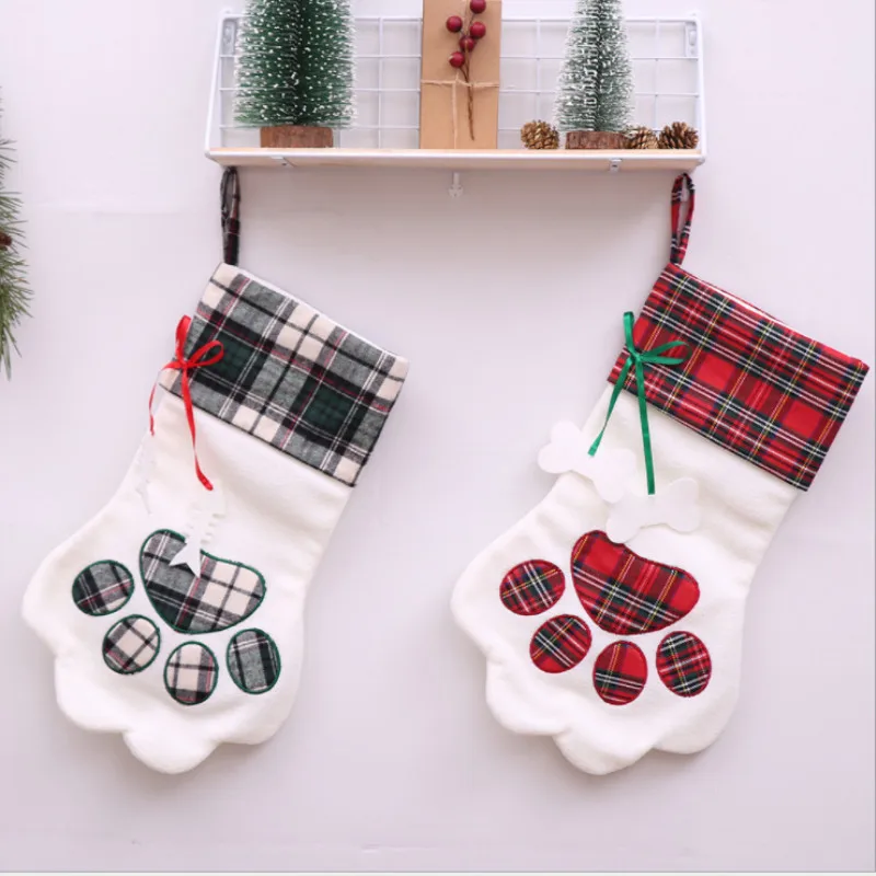 

2020 Merry Christmas Cat Dog Claw Socks Bag Plush Tree Hanging Gift Candy Large Socks Christmas Decorations For Home New Year