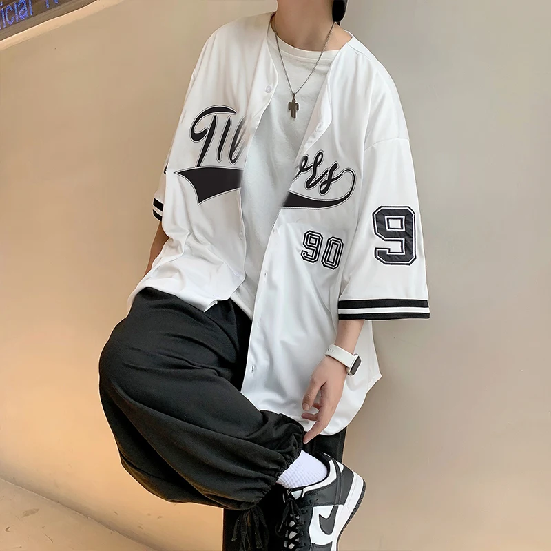 Men Short Sleeve Shirts Vintage Fashion Streetwear Hip-hop V-neck Summer Ins Baseball Outwear Chic Korean Style Harajuku Leisure casual short sleeved shirt short sleeved shirt