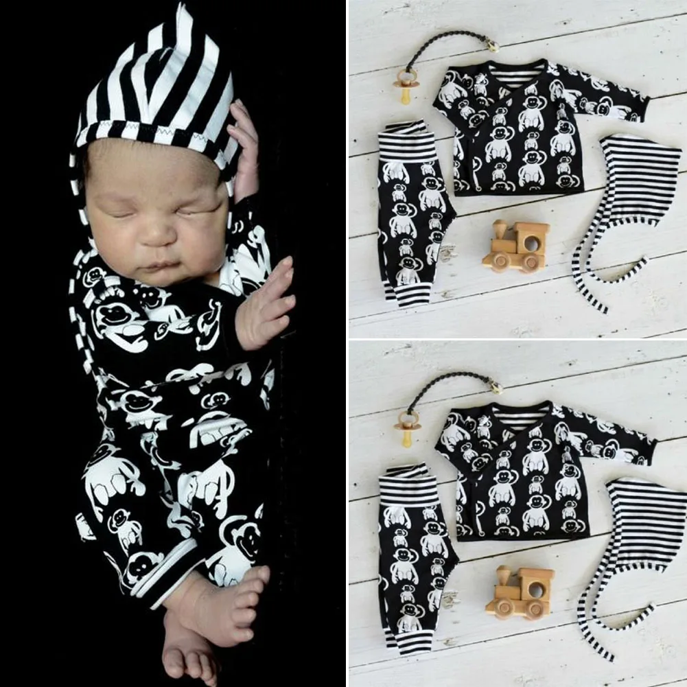 Emmababy, 3 предмета, Одежда для новорожденных мальчиков и девочек футболка с длинными рукавами и принтом животных штаны в полоску комплект хлопковой одежды на осень