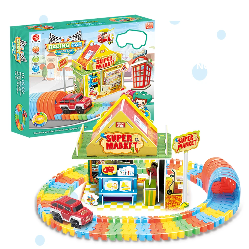 

Hot Railway Magical Racing Track Play Set With 3D Puzzle model Flexible Race Track Electronic Flash Light Car Toys For children