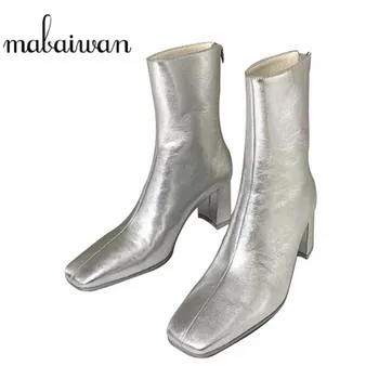 

Mabaiwan Fashion Autumn Winter Ankle Boots Woman High Heel Square Toe Party Shoes Women Silver Botas Invierno Mujer Zipper Boots