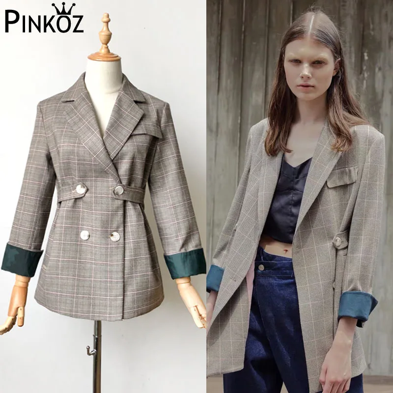 

Pinkoz Autumn New Arrival Vinage Plaid Striped Short Blazers Long Sleeve Caot Double Breasted Chic Plaid Blazers With Sashes