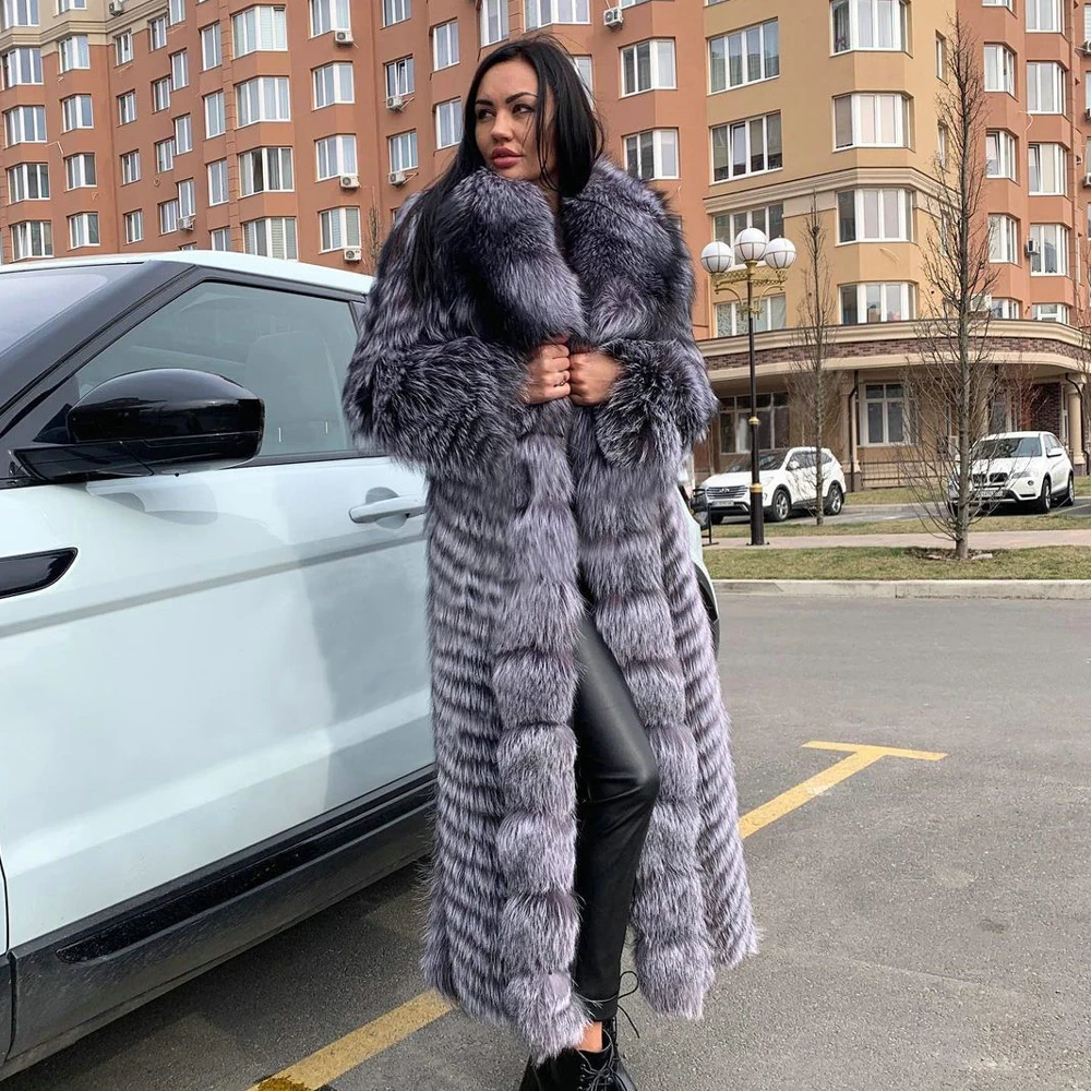 Fashion X-long Real Silver Fox Fur Coat with Big Turn-down Collar Winter Women High Quality Genuine Silver Fox Fur Coats Female