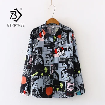 

2020 Spring New Women Cartoon Doodle Print Chiffon Blouse Autumn Long Sleeve Black Shirt Vintage Loose Tops Feminina Blusa T9D75