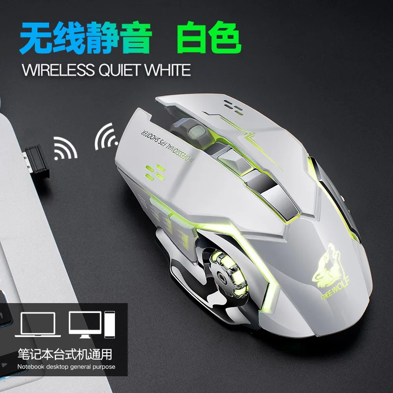 Free Wolf X8 беспроводная перезаряжаемая игровая мышь Mute Shining Machinery mouse Amazon EBay Cross Border Wish - Color: Free Wolf X8 White Silent Version