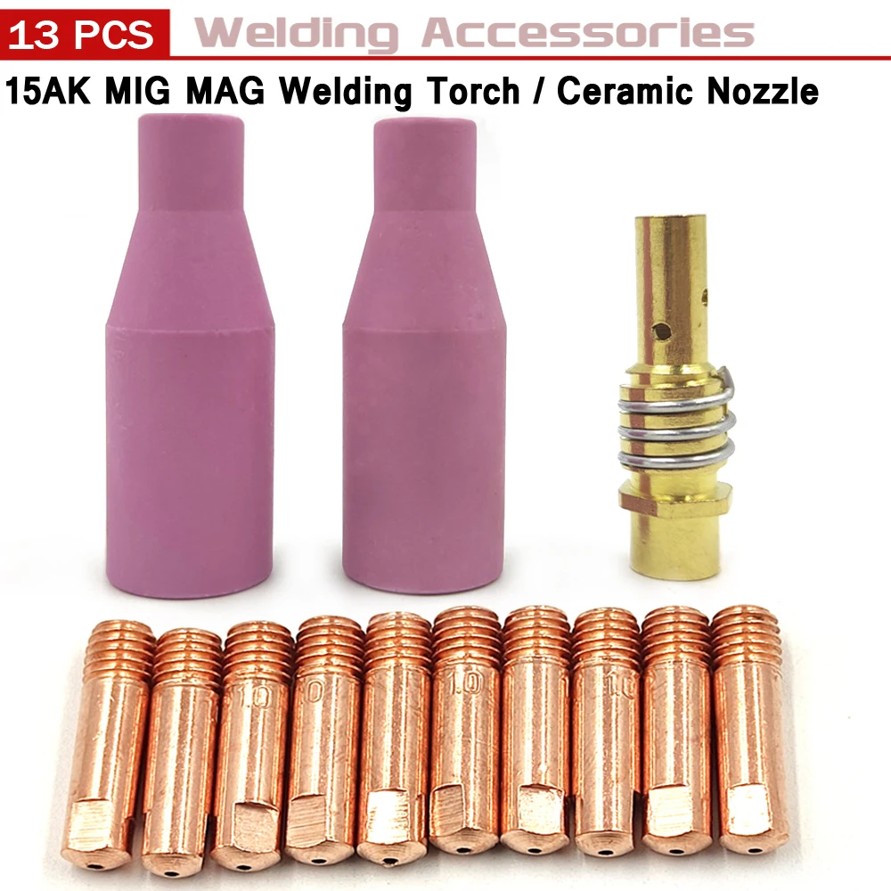 Welding Torch 13Pcs MB-15AK Argon Arc Welding 0.6/0.8/0.9/1.0/1.2mm Gas Ceramic Nozzle Euro Style Contact Tip For 15AK MIG MAG welding torch