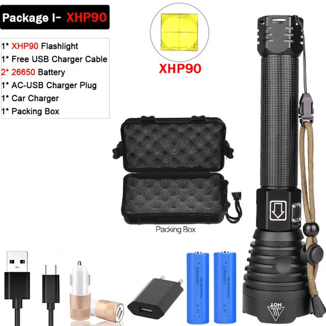 Package I Самый мощный XHP90 светодиодный фонарик USB Перезаряжаемый Фонарик Zoom факел XHP70.2 светодиодный фонарик, водонепроницаемый фонарик 18650 батарея - Испускаемый цвет: Package I