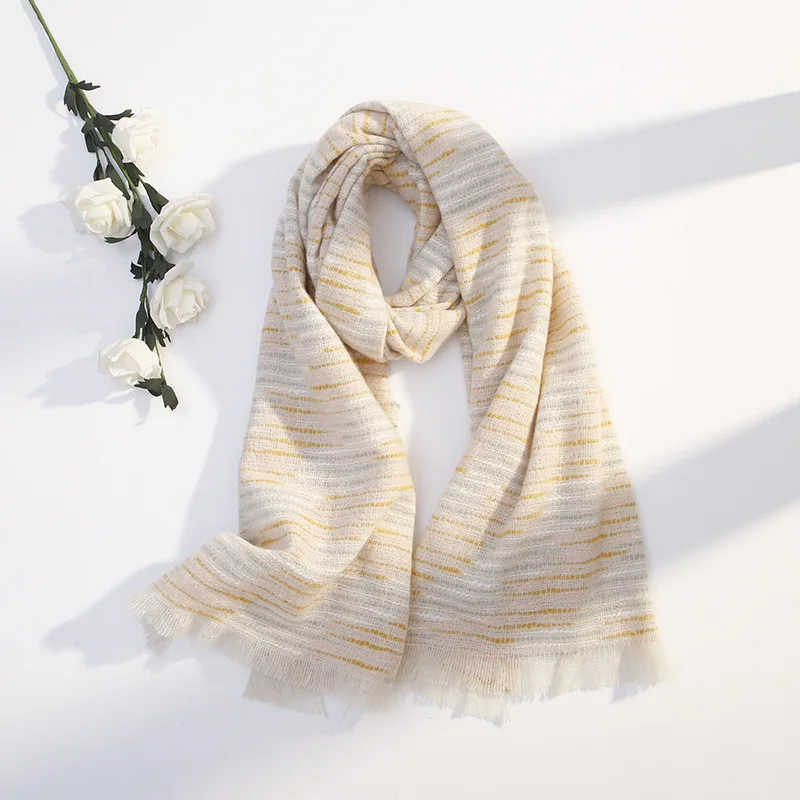 Striped Winter Scarf Women Rainbow Warm Foulard Solid Scarves Fashion Casual Soft Scarfs Cashmere Bufandas Hombre Pink - Цвет: Бежевый