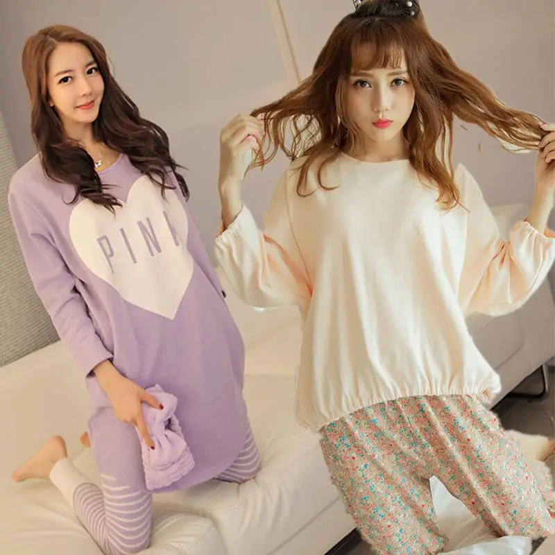 

Autumn Pajamas Women Long Sleeve Cotton Plus-sized Two-Piece Set Spring And Autumn Loose-Fit Homewear Set