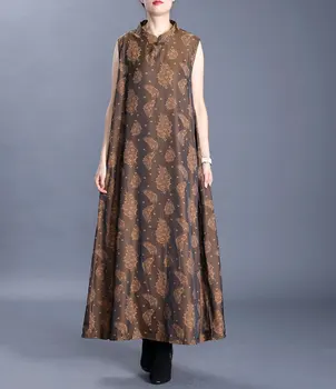 

Literary Printing Sleeveless Elegant Womens Dress 2020 Summer New Chinese Style Retro Silk Stand Collar Buckle Loose Long Dress