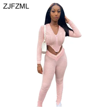 

Pink Letter Spliced Two Piece Outfit Women Fall Tracksuit Zipper Up Long Sleeve Irregular Crop Top Low Waist Stacked Legging Set