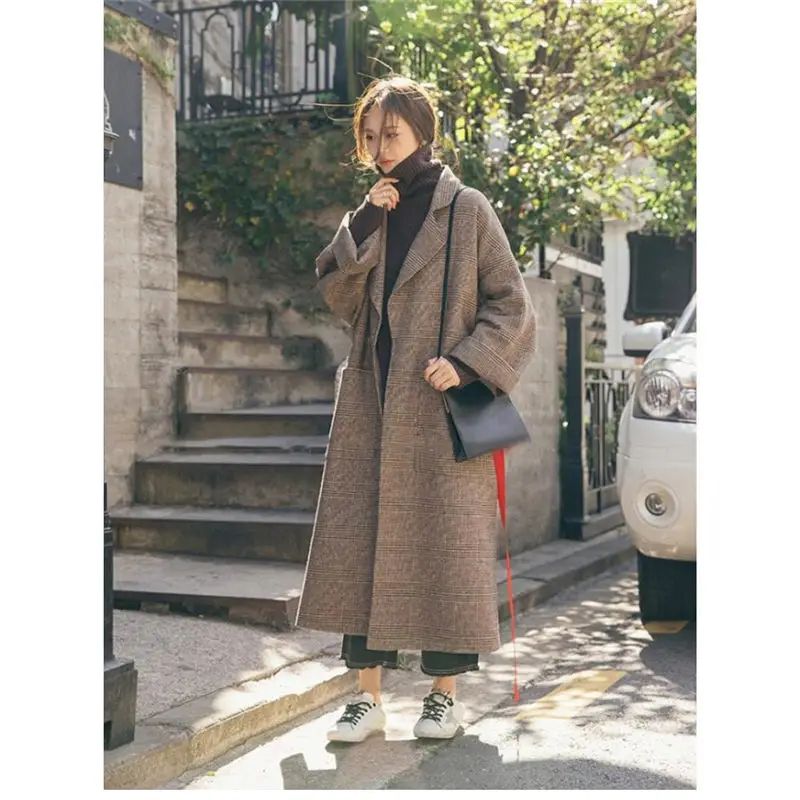 New Autumn Long Women Wool Coat Lapel Fashion Belt Slim Female Elegant Vintage Jacket Overcoat For Office Ladies Plus Size f1512