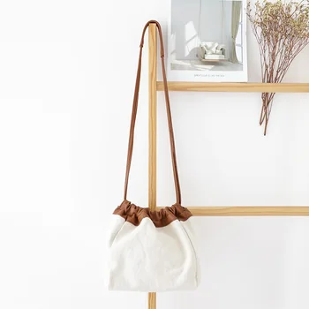 

Contrast color stitching canvas bag simple casual large capacity shoulder bag literary drawstring crossbody bag