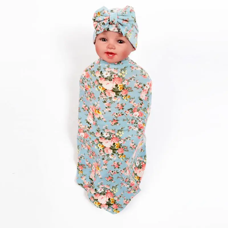 

2 Pcs/set Newborn Printing Wrapping Blanket Hat Baby Kids Bow-knot Cap Swaddle Wrap Set Infants Gifts A2UB