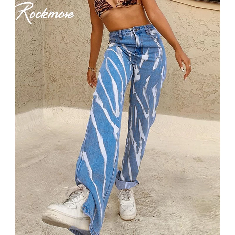 Rockmore Striped Print Split Jeans For Women Aesthetic High Waist Denim Trousers Streetwear Pockets Wide Leg Pants Harajuku | Женская