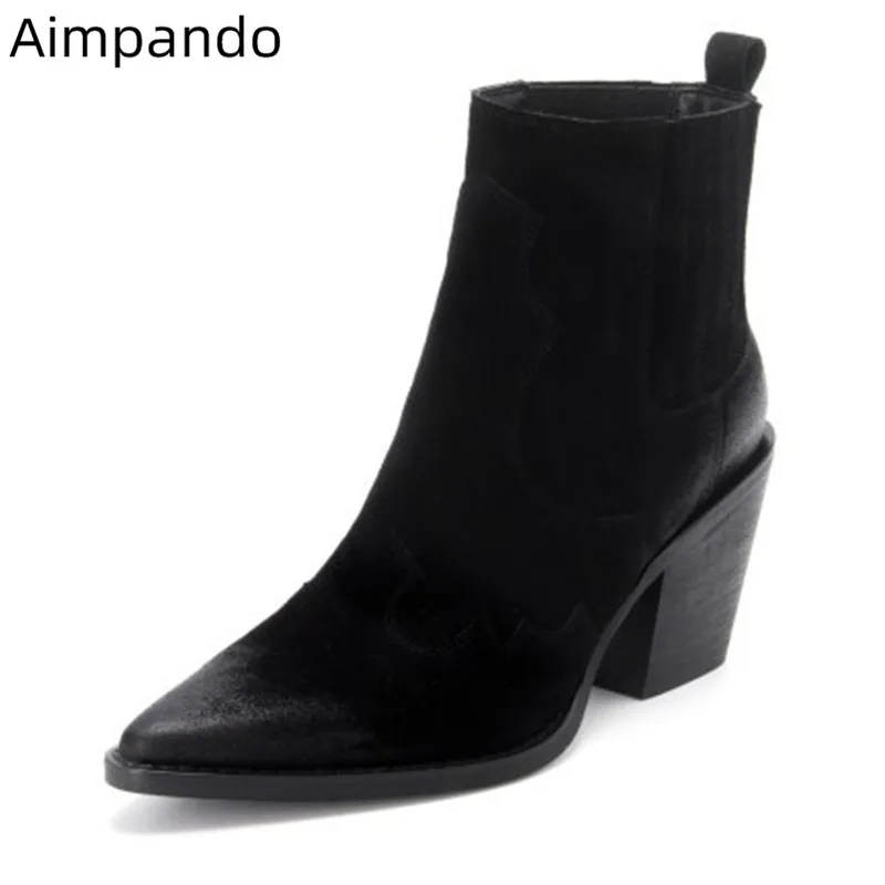 

Concise Solid Boots Woman Black Suede Decor Fashion Sewing Pointy Toe Ladies Party Footwear High Square Heel Boots Woman 2020