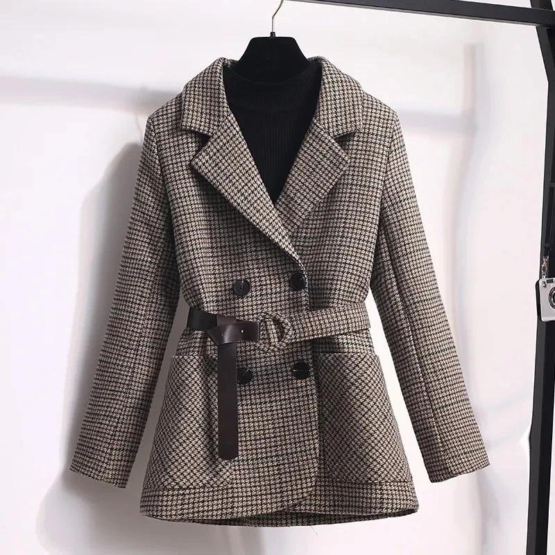 

2021 Autumn Winter Plaid Blazer Thicken Warm Women Vintage Houndstooth V-Neck Double Breasted Lace Up Slim Wool Suit Jacket