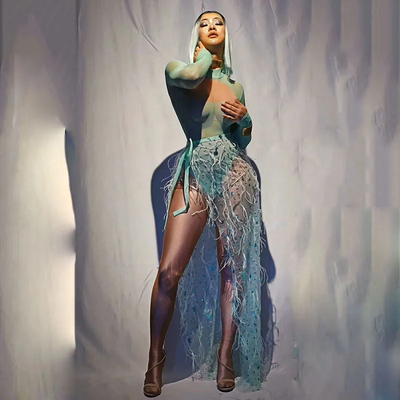 Dj высокий эластичный Длинный комбинезон с высокой вилкой танцевальный взрослый сценический костюм Сценические костюмы певцы цельные платья с длинным рукавом для вечеринок