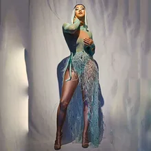 Dj высокий эластичный Длинный комбинезон с высокой вилкой танцевальный взрослый сценический костюм Сценические костюмы певцы цельные платья с длинным рукавом для вечеринок