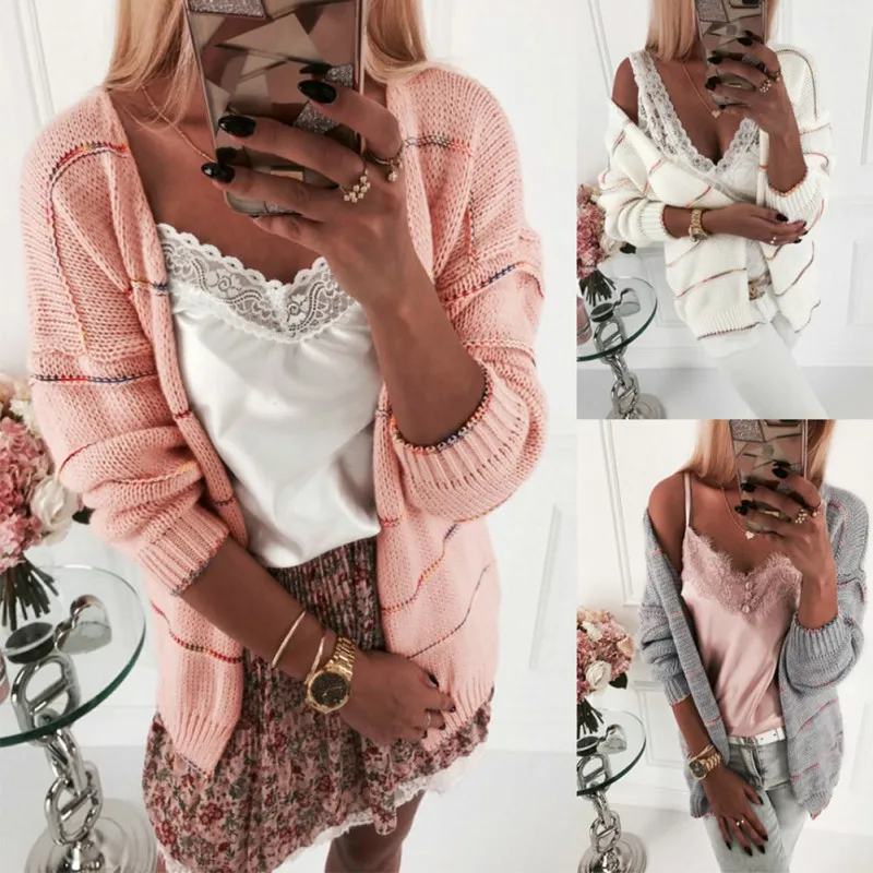 Women's Sweater Hot Stripes Print Knit V-Neck Short Cardigan Long Sleeve Casual Warm Loose Sweet Flower Gray XL |