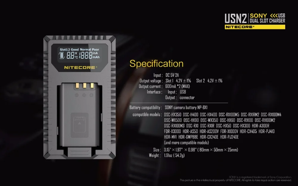 NITECORE USN2 цифровой двойной слот sony зарядные устройства для камеры NP-BX1 батареи DSC-HX350 DSC-H400 DSC-HX400 DSC-RX100M5