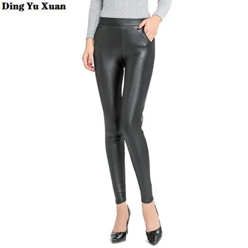 

Women Plus Size Faux Leather Leggings Capri High Waist Stretchy Fabric Pants with Pockets Spring Push Up Leggins Mujer XXXXL 5XL