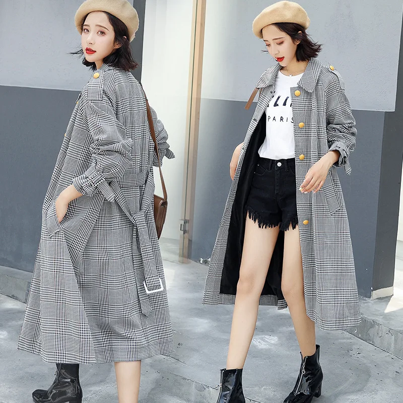 

New Style Double Breasted Plaid Trench Coat Long Sleeve Long Solid Color Lace-up 2019 Spring Elegant Trend WOMEN'S Coat