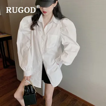 

RUGOD fashion oversize puff sleeve blouse office lady shirt women 2020 new korean single breasted loose white blouse harajuku