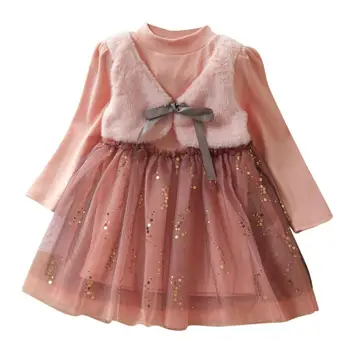 

Cute Casual Autumn Baby Girls Long Sleeve Fake 2 Piece Dress Kids Patchwork Kids Princess Mesh DressesE