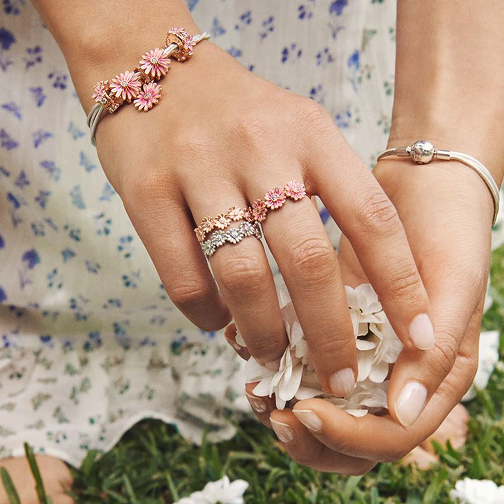 Pink Daisy Flower Trio Ring 