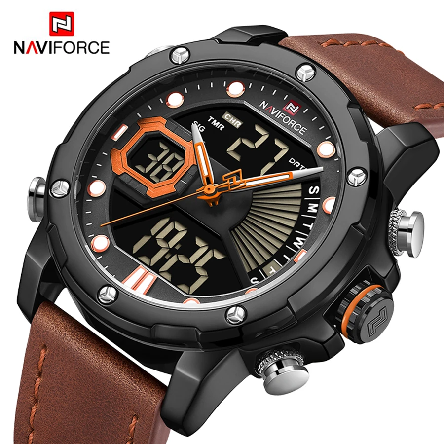 Топ люксовый бренд NAVIFORCE армейские военные мужские часы светодиодные цифровые кожаные спортивные часы кварцевые мужские часы Relogio Masculino 9172