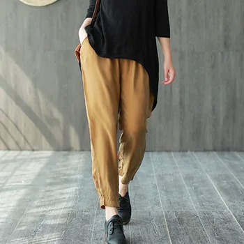 

Lounge Linen Pants Women Retro Drawstring Lace-up Feet Daddy Pockets Solid Comfort-fit Swing Comfy Trousers Black Harem Pants