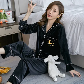 

Autumn Winter Sexy Warm Star Moon Long Sleeve Pants 2Pcs Homewear Pijama Velour Pyjamas Suit Women Gold Velvet Pajamas Sets