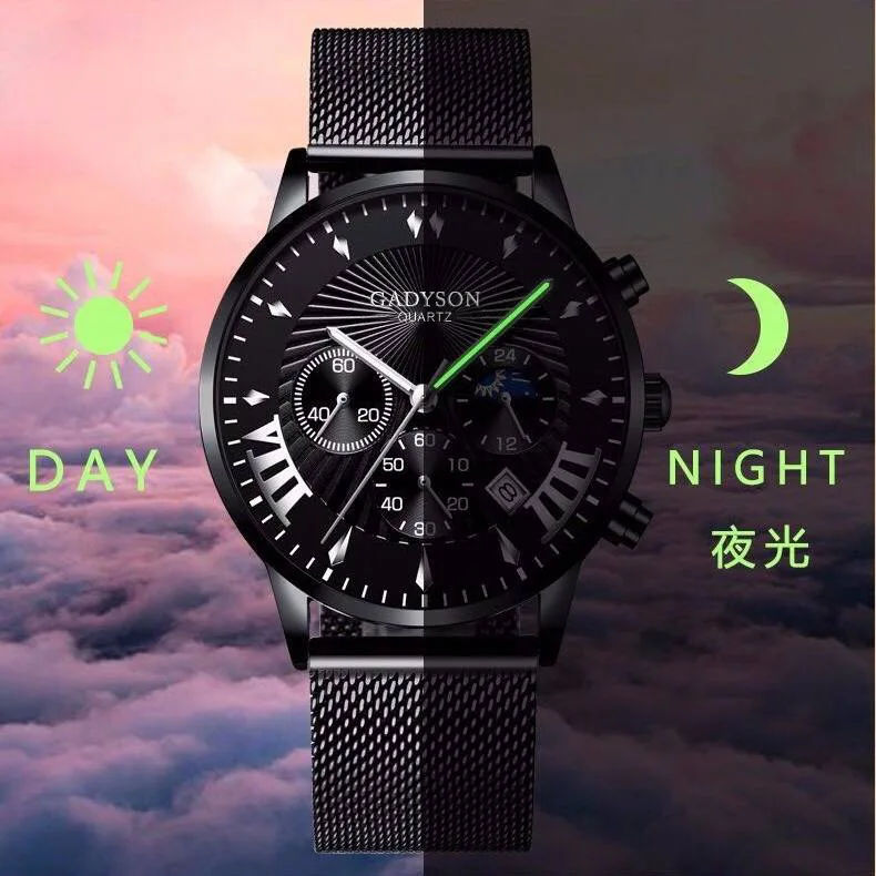 Men Stainless Steel Mesh Calendar Quartz Watch