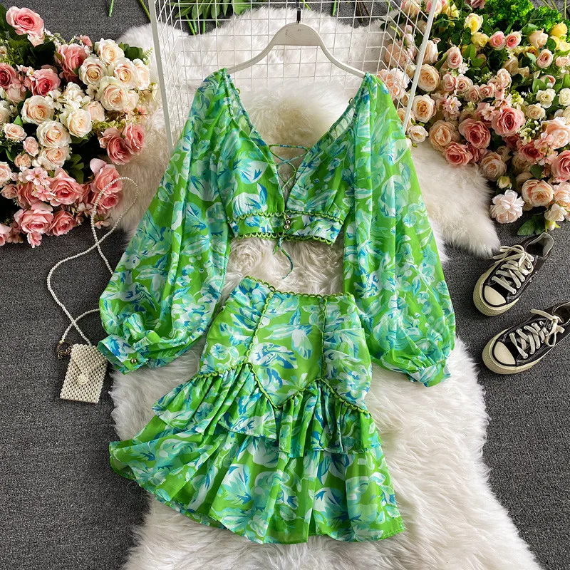 

Two Pieces Set Summer Women Blouse & Skirt Sets Deep V Neck Tie Lantern Sleeve Print Chiffon Blouses Ruffle Bodycon Mini Skirt