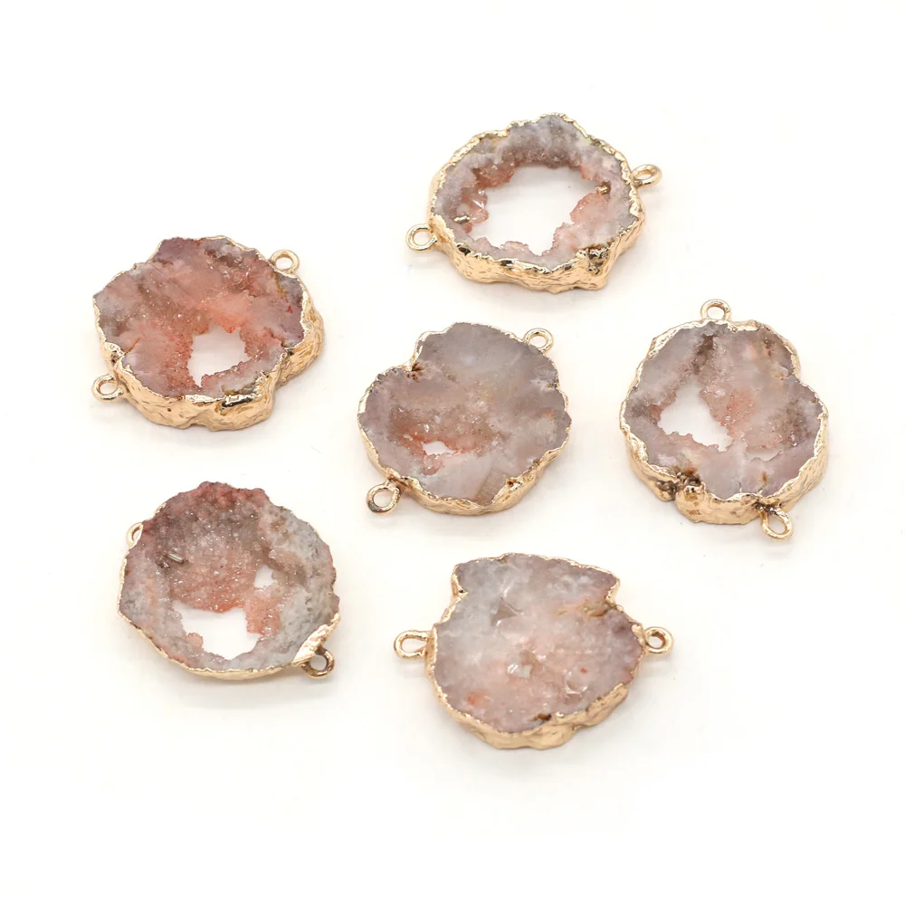 Natural Pink Agates Druzy Pendant Connector Irregular Quartzs Connector for Jewelry Making DIY Bracelets Necklace 20x30-25x35mm