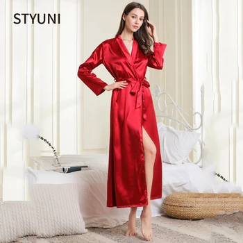 

Women satin V-neck long lace pajamas sexy lace bathrobe nightdress robe sets пижама женская traje conjuntos رداء مجموعات