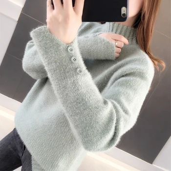 

4605 - real shot - Cheney cuffs Split Button half high collar knitted pullover 49G area 12]