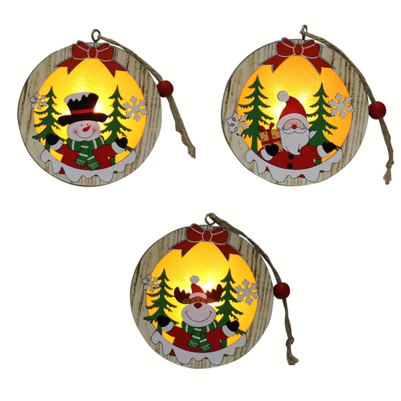 

Round Wooden Frame Christmas Ornament Lamp Luminous Xmas Tree Hanging Pendant Holiday Decor H