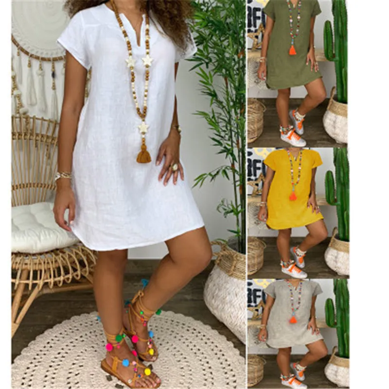

Women Dress Solid Color Cotton And Linen V-Neck Dress Summer Loose Short-Sleeve Mini Dress Plus Size Beach vestidos 2019 30