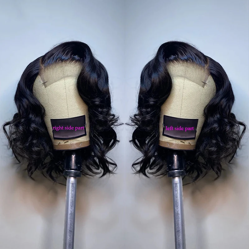 Wigs Wave Lace Closure Human-Hair Middle-Side-Part Brazilian Short Bob Pre-Plucked Remy