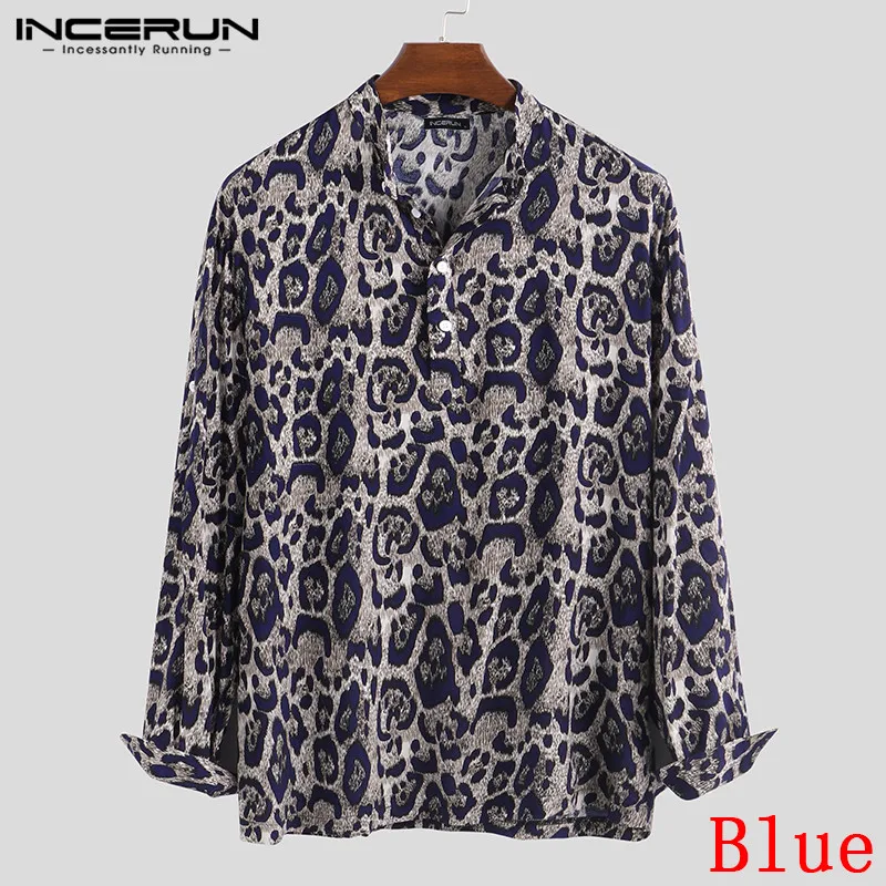 Blue Shirt INCERUN Мужская рубашка с леопардовым принтом, высокий уличный длинный рукав, красивый стоячий воротник, Camisa, шикарные деловые мужские брендовые рубашки - Цвет: Blue Shirt
