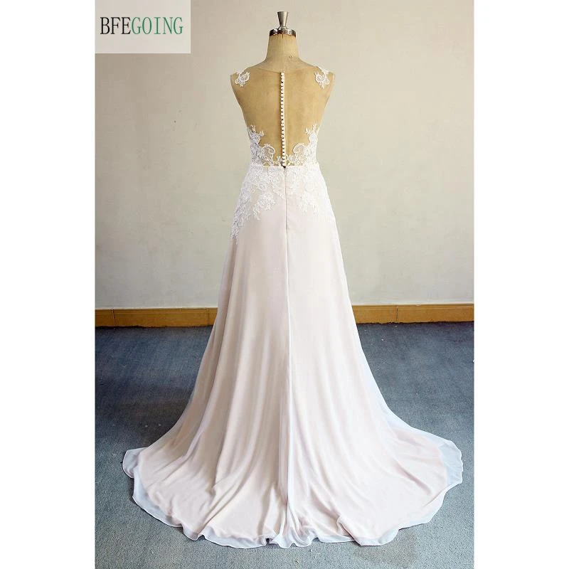 Слоновой кости шифон Кружева без рукавов длиной до пола A-Line свадебное платье суд поезд на заказ