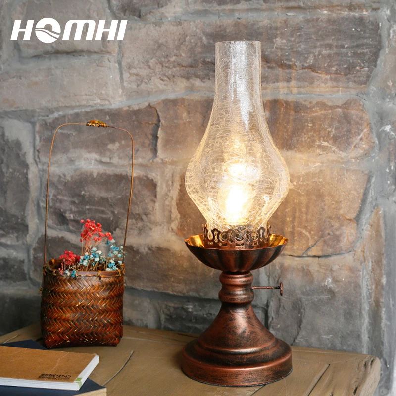 

Homhi Kerosene Lamp Art Deco Bedside Glass Lampara Led Escritorio Living Room Table Study Rustic Farmhous Metal Light HTL-004