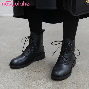 

Masgulahe 2020 autumn winter new arrival round toe riding boots lace up shoes genuine leather boots fashion ladies ankle boots