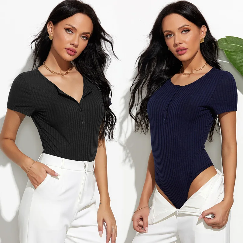 Monos de verano para mujeres, mujeres Sexy Body las mujeres de cuello de manga corta negro Pelele con diseño de camisa ropa de mujer trajes